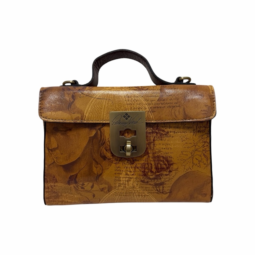 Patricia Nash Tan/Brown Floral/Script Leather Satchel Handbag